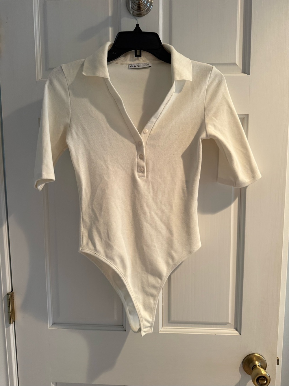 ZARA White Collared Button-Up Short Sleeve Polo Bodysuit Size Medium